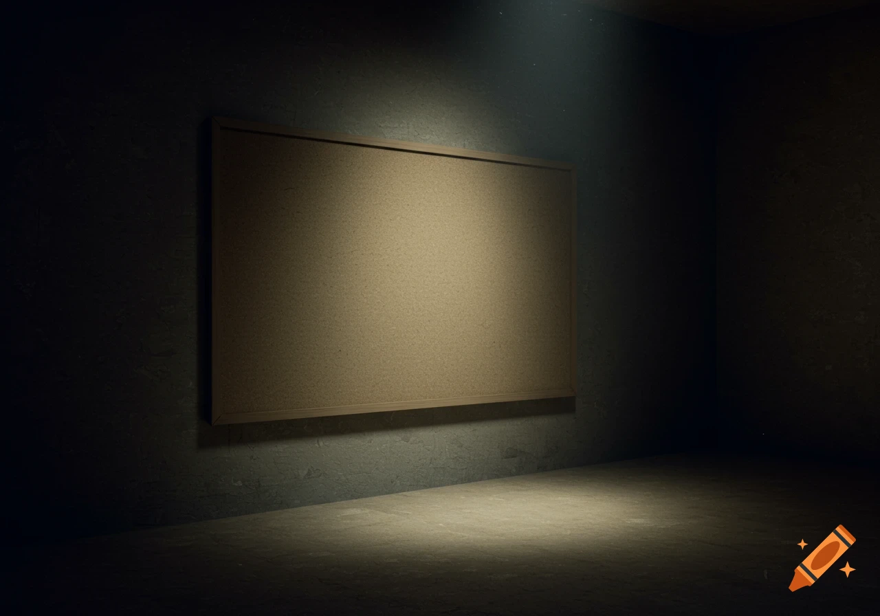 An empty cork board hangs on a dark wall in a dimly lit room, illuminated by spotlights.