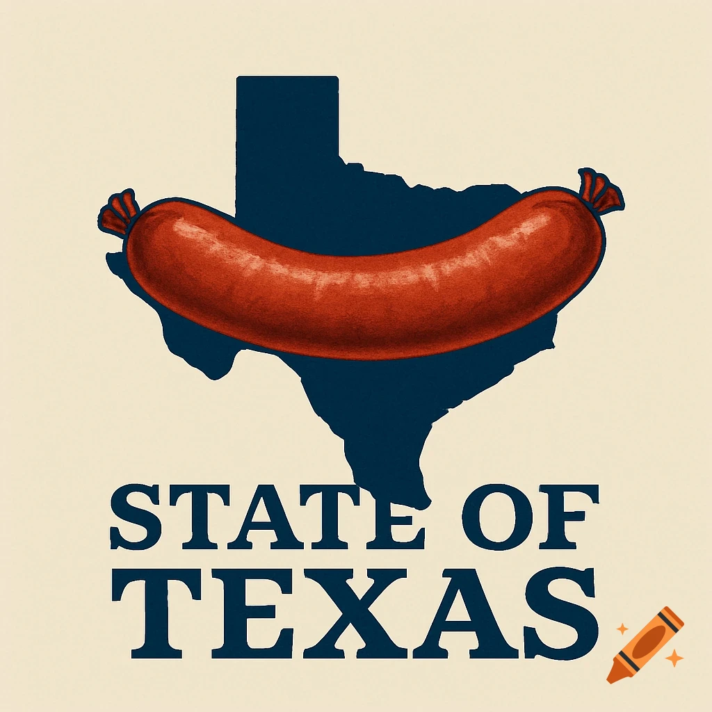 A large sausage is placed over a dark blue silhouette of the state of Texas, with the words STATE OF TEXAS below. Retro graphic design style.