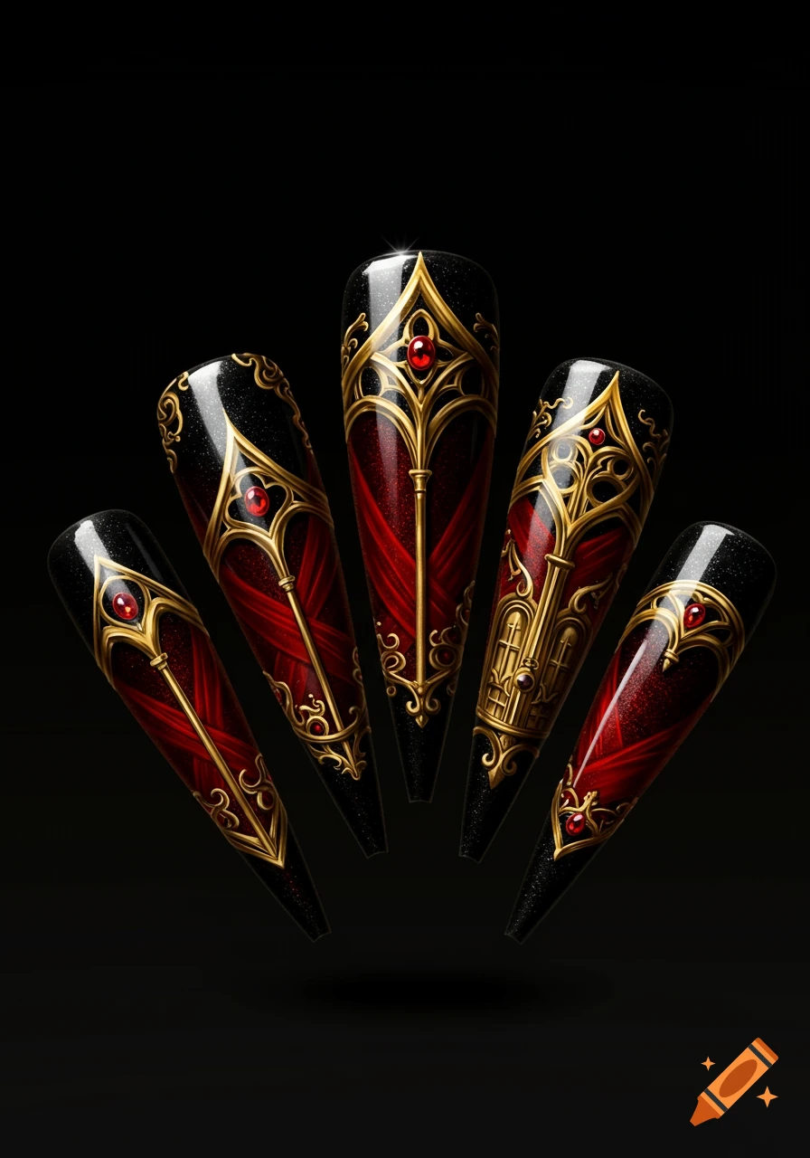 Five elaborate black, red, and gold gothic nails with jewel accents on a black background.