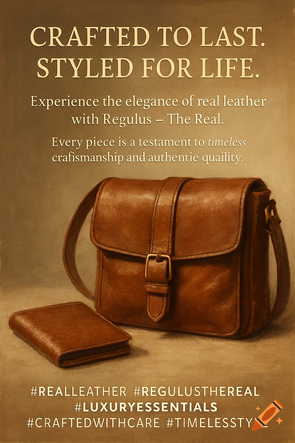 Brown leather shoulder bag and wallet with promotional text.