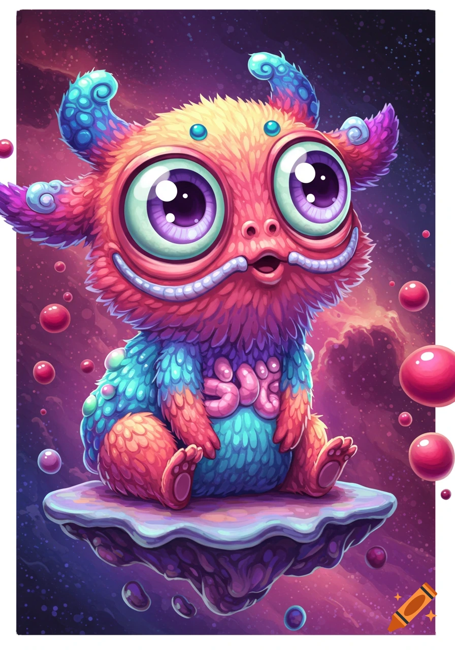 Colorful, fluffy cartoon creature with large eyes sitting on a floating ...