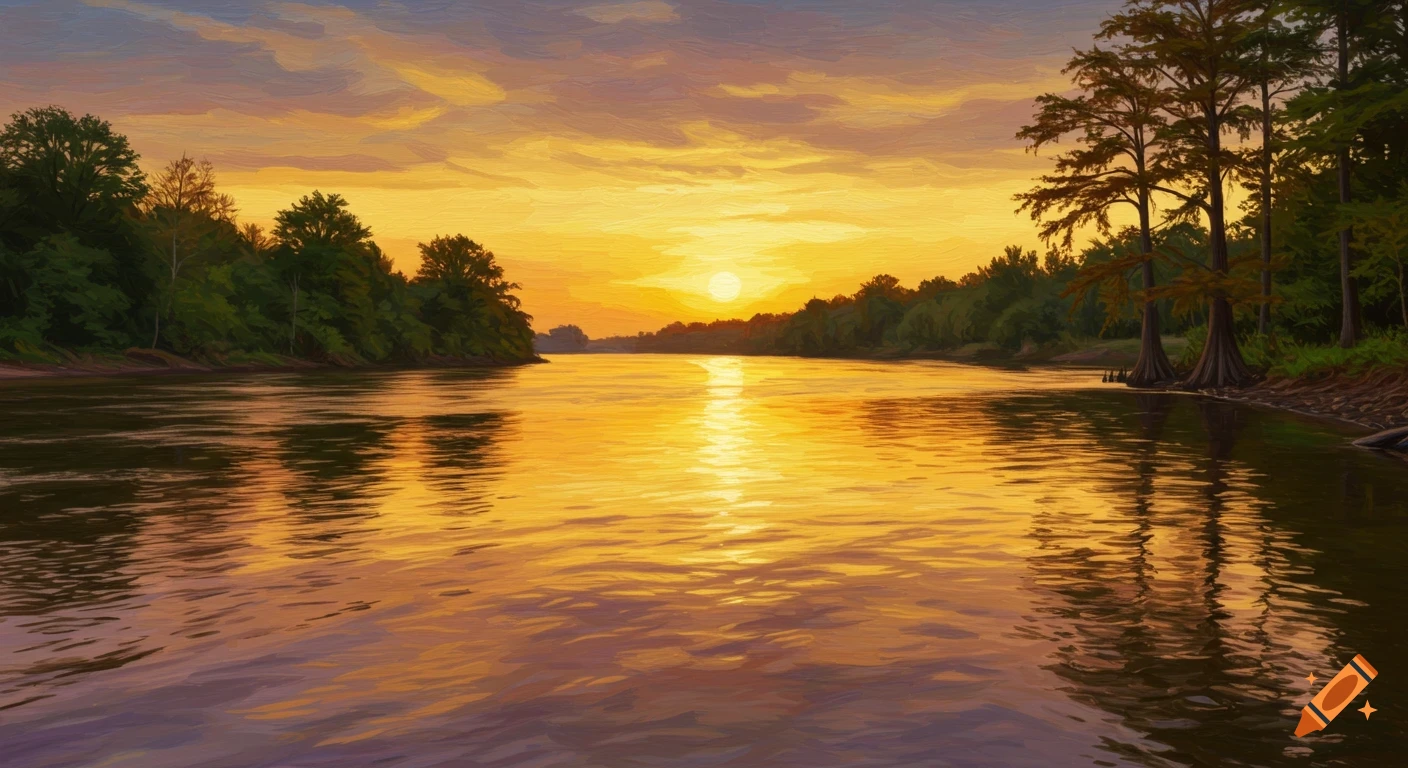 A painting of a wide river at sunset, with trees lining the banks and warm light reflecting on the water.