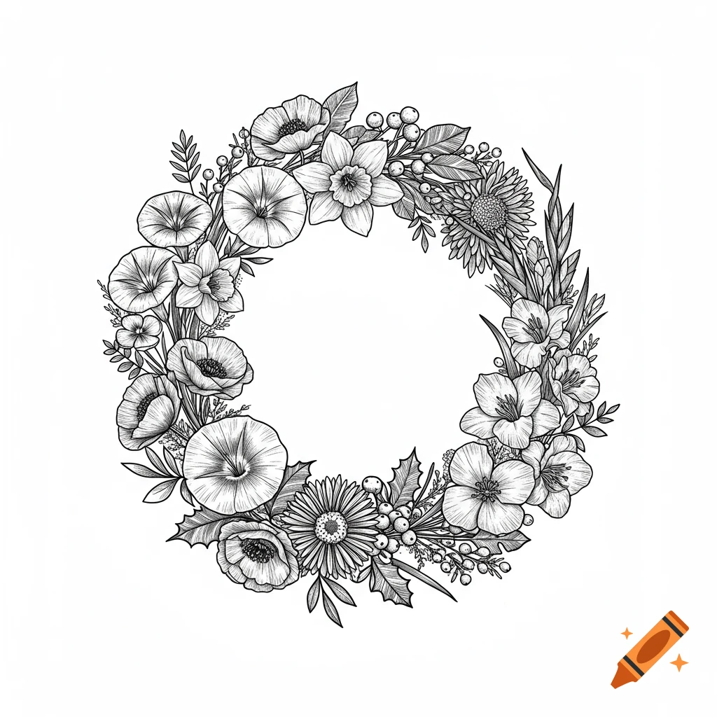 Black and white line art illustration of a detailed floral wreath.