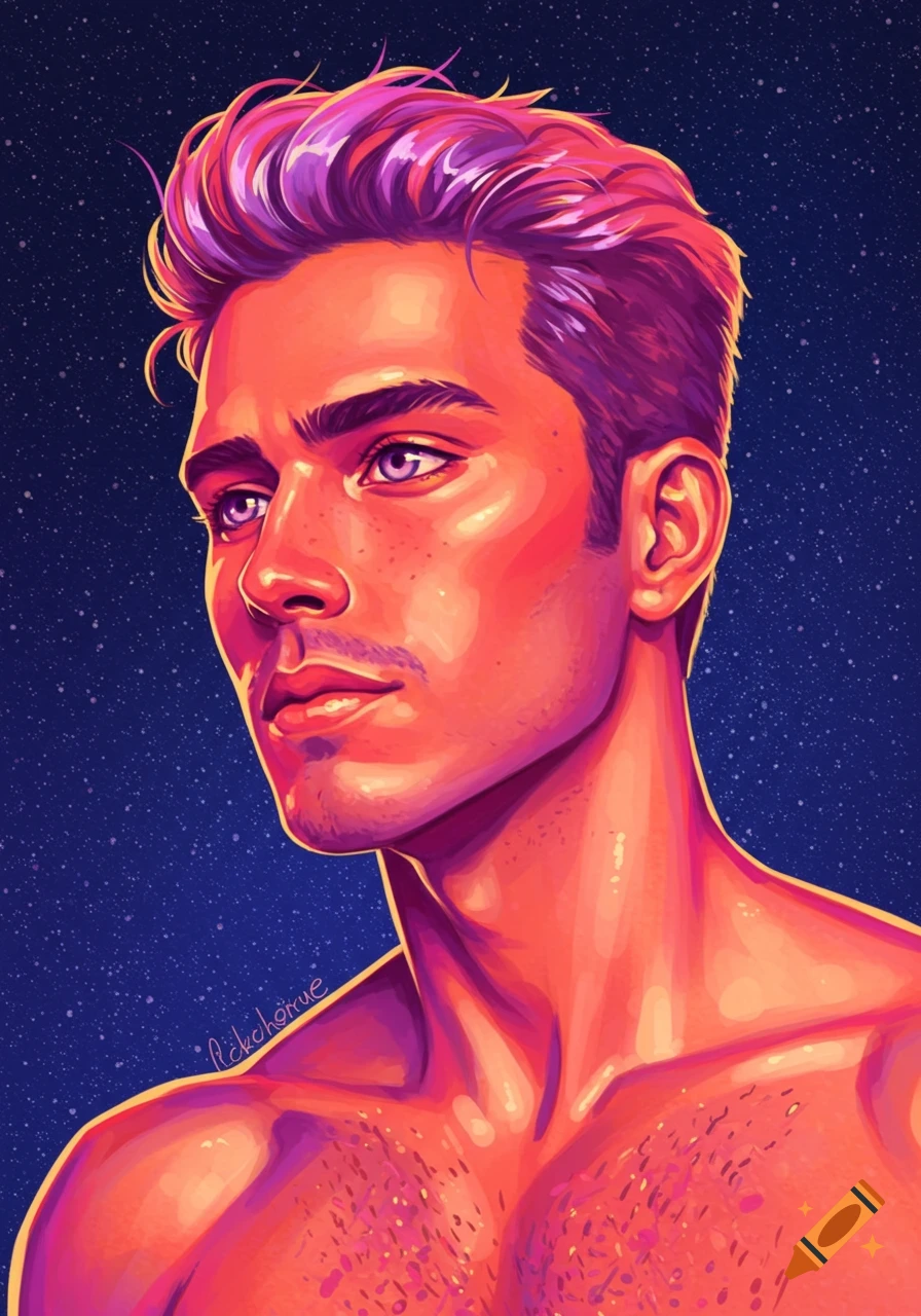 Illustration of a man with purple hair against a starry background, in warm, vibrant colors.