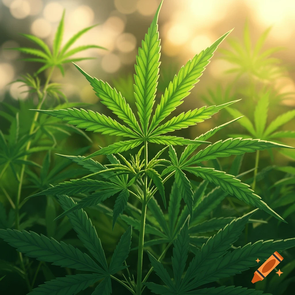 Close-up of vibrant green marijuana leaves backlit by sunlight.