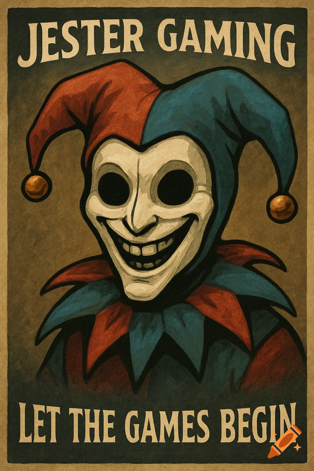 Poster illustration of a creepy masked jester with text reading "JESTER GAMING" and "LET THE GAMES BEGIN".