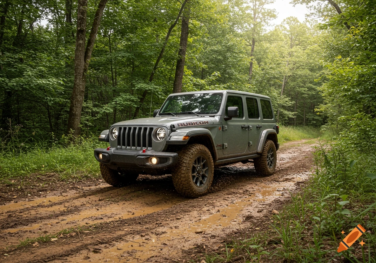 A gray Jeep Wrangler Rubicon drives on a muddy forest trail.