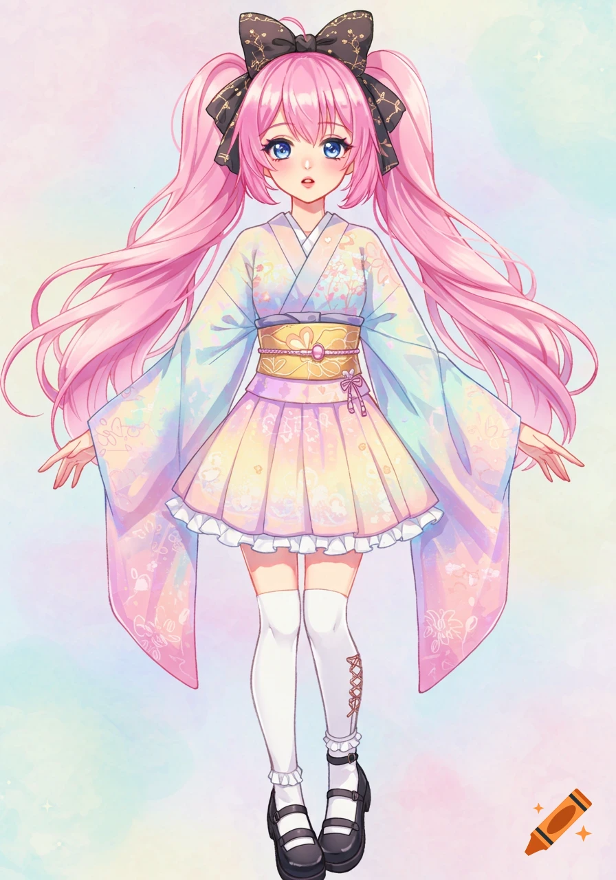 Anime girl with pink pigtails, wearing a pastel colored kimono-style dress and black shoes, against a pastel background.