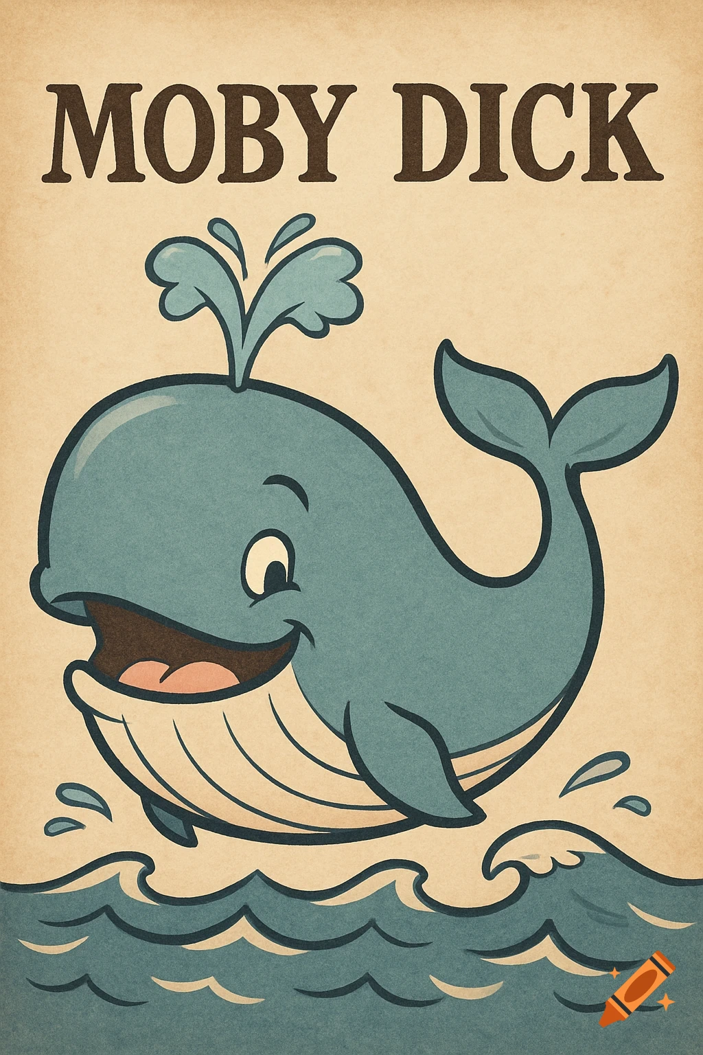 Cartoon blue whale jumps in waves below title 'MOBY DICK'