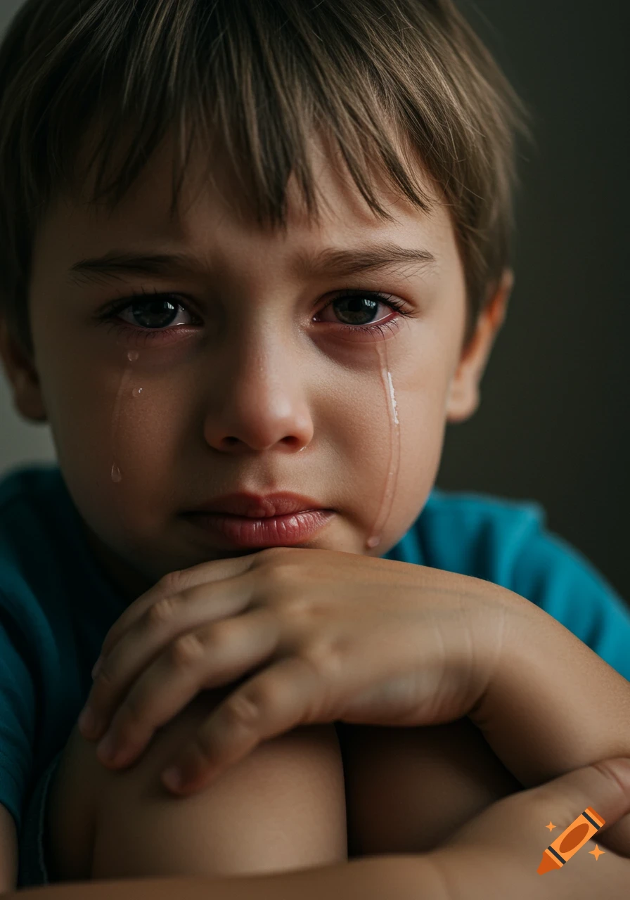 Close-up cinematic portrait of a young boy crying, with tears rolling down his cheeks.