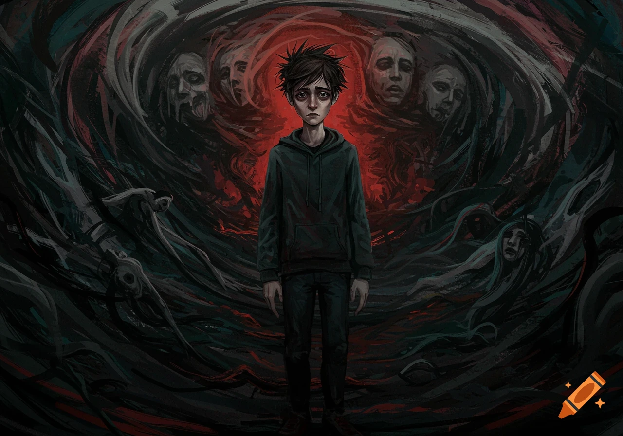 Digital illustration of a sad person surrounded by swirling dark shapes and distorted faces.