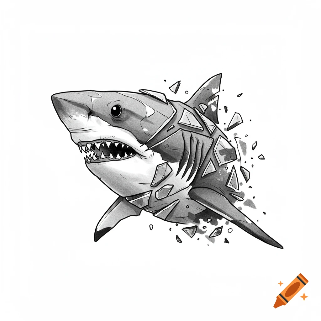 Black and white illustration of a shark head fragmenting into geometric shards, clean line work.