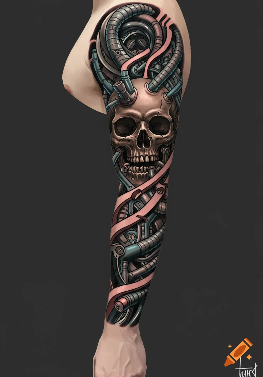 Biomechnical full sleeve tattoo design with a skull, tubes, and cables.