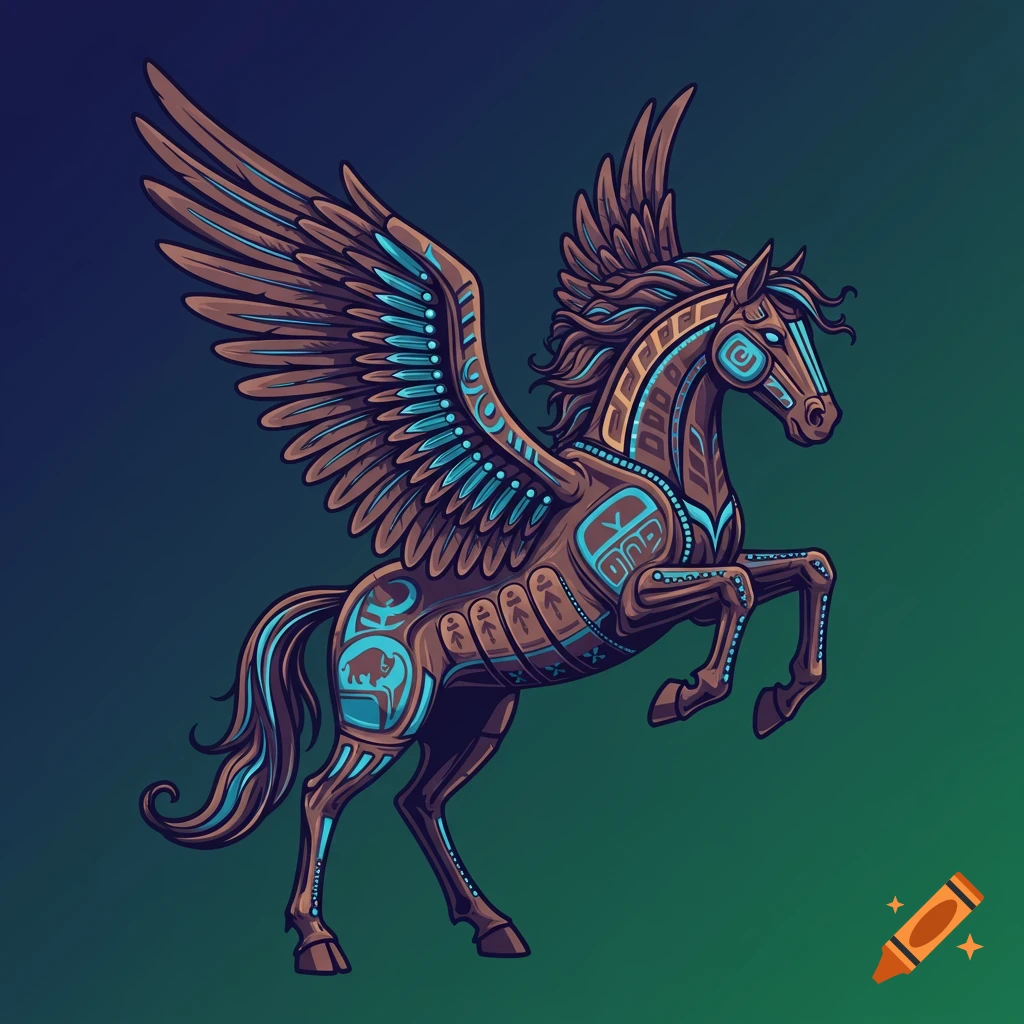 Stylized illustration of a brown Pegasus with teal tribal patterns rearing against a gradient background.