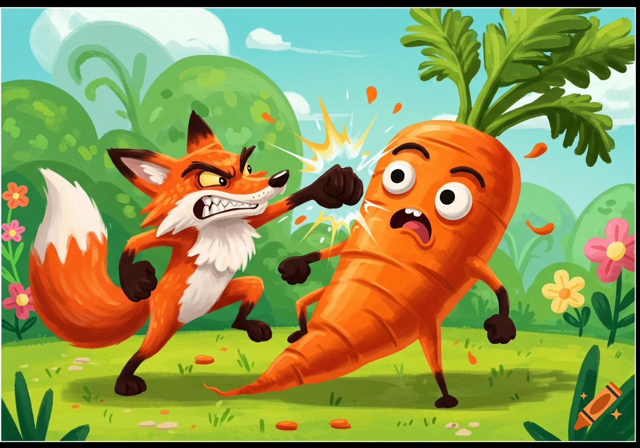 A cartoon fox punches a scared carrot in a field.