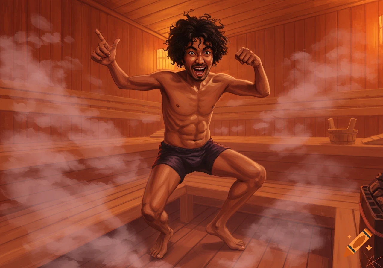 Man in shorts dancing in a sauna with steam, digital art