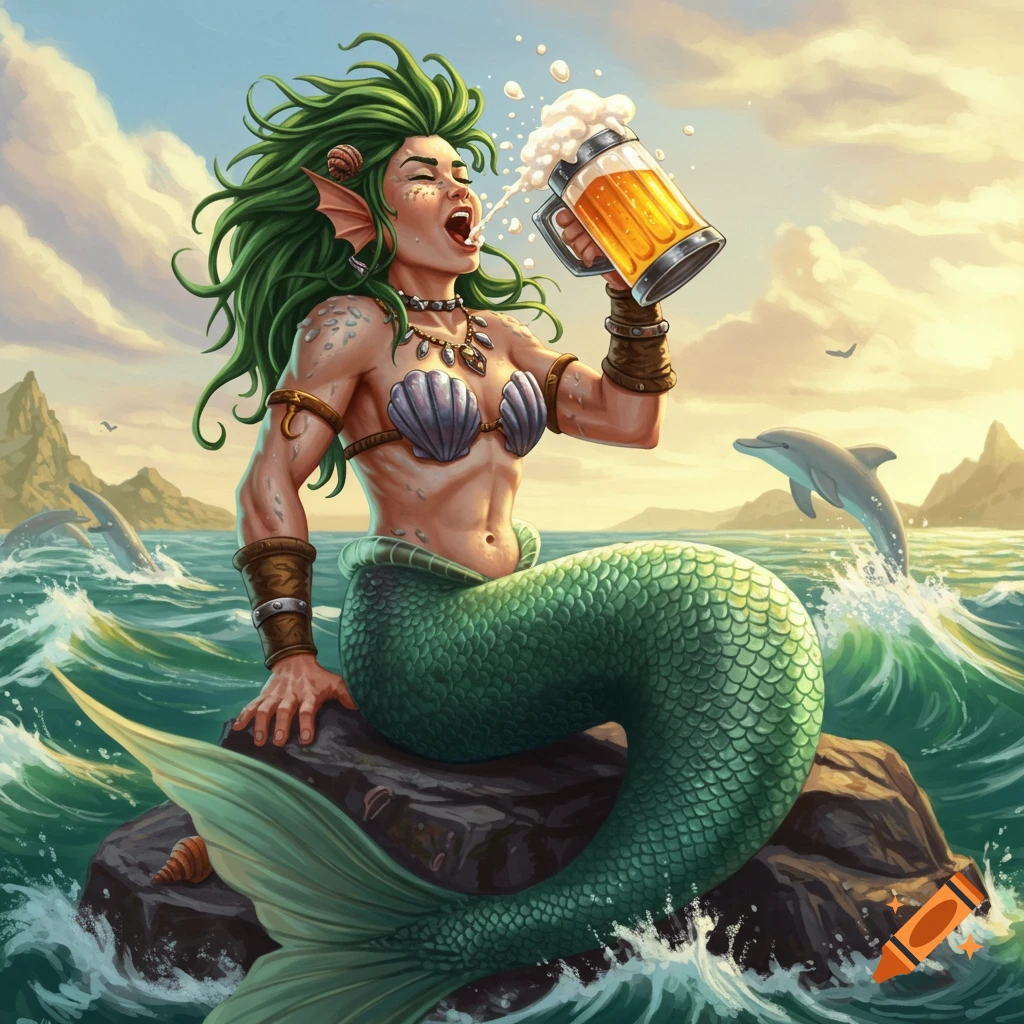A muscular mermaid with green hair sits on a rock in the ocean, chugging beer from a mug.