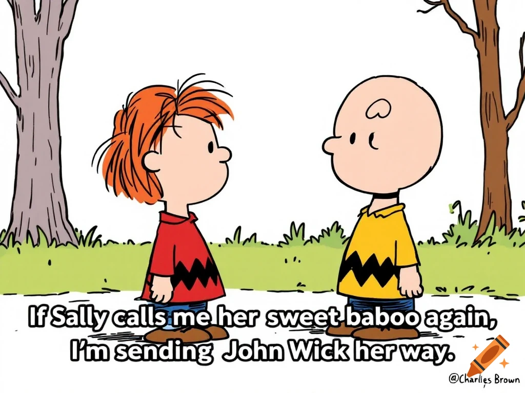 Cartoon of Linus and Charlie Brown with caption about Sally and John Wick.