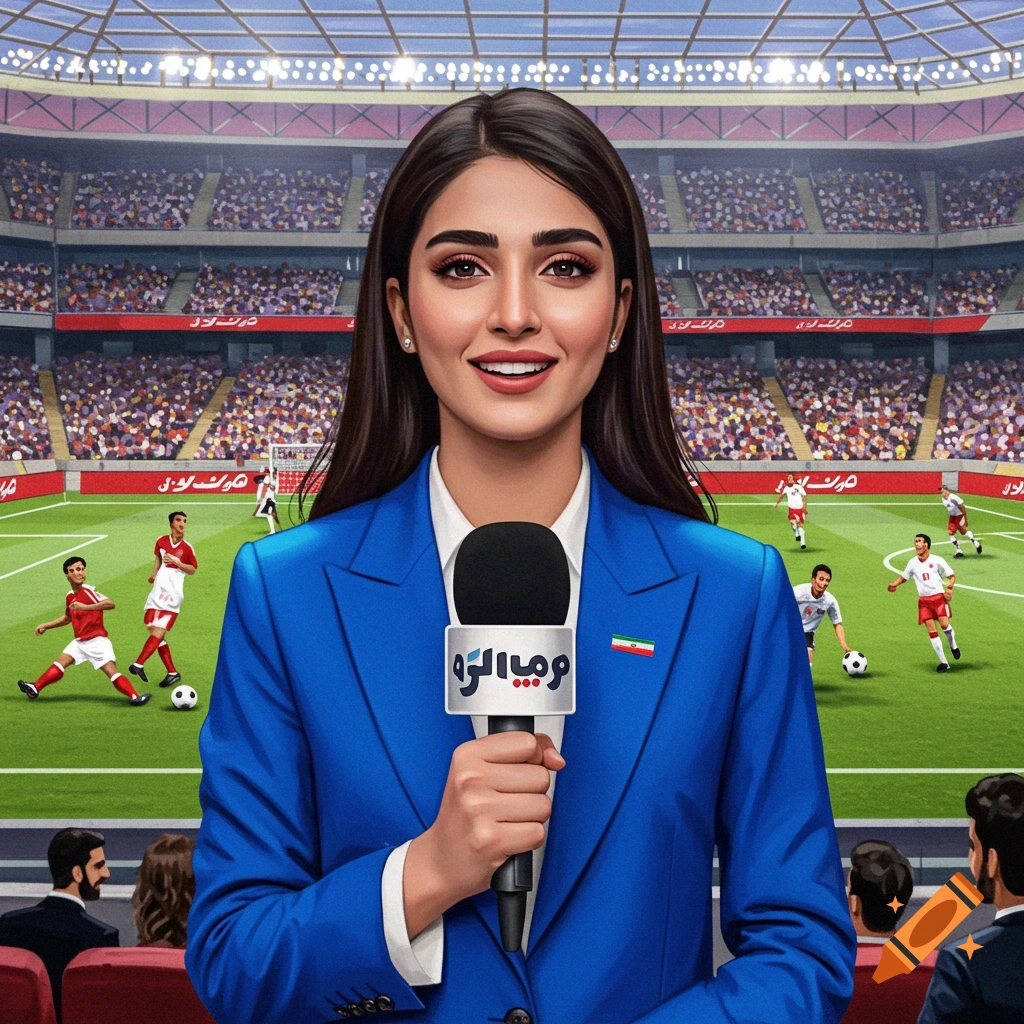 A woman in a blue suit holding a microphone in a soccer stadium.