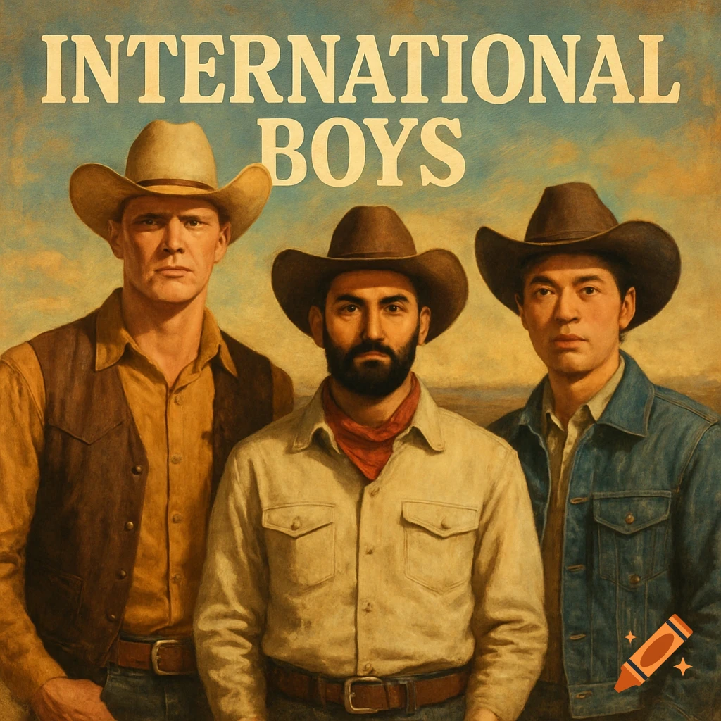 Three men in cowboy hats and attire stand under the text 'INTERNATIONAL BOYS', vintage painting style.