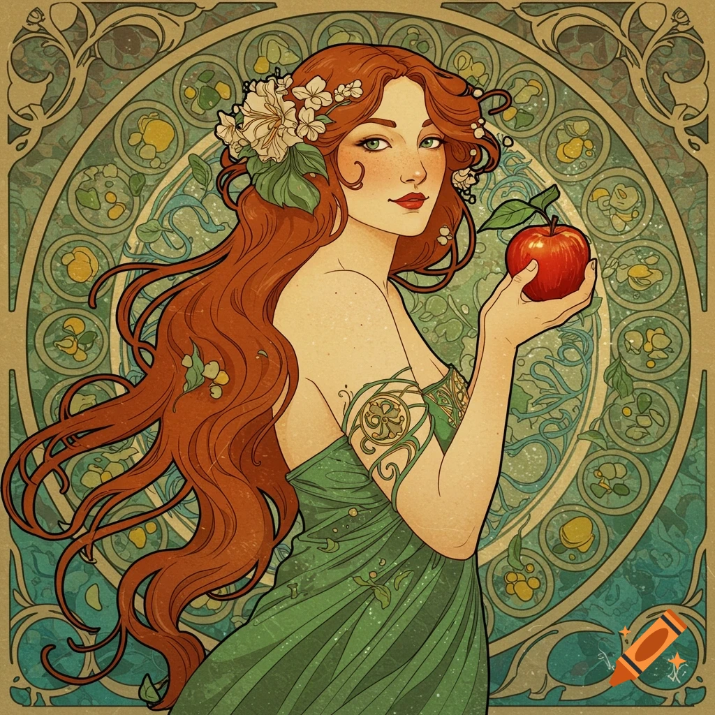 Art Nouveau portrait of a red-haired woman holding an apple against an ornate patterned background.