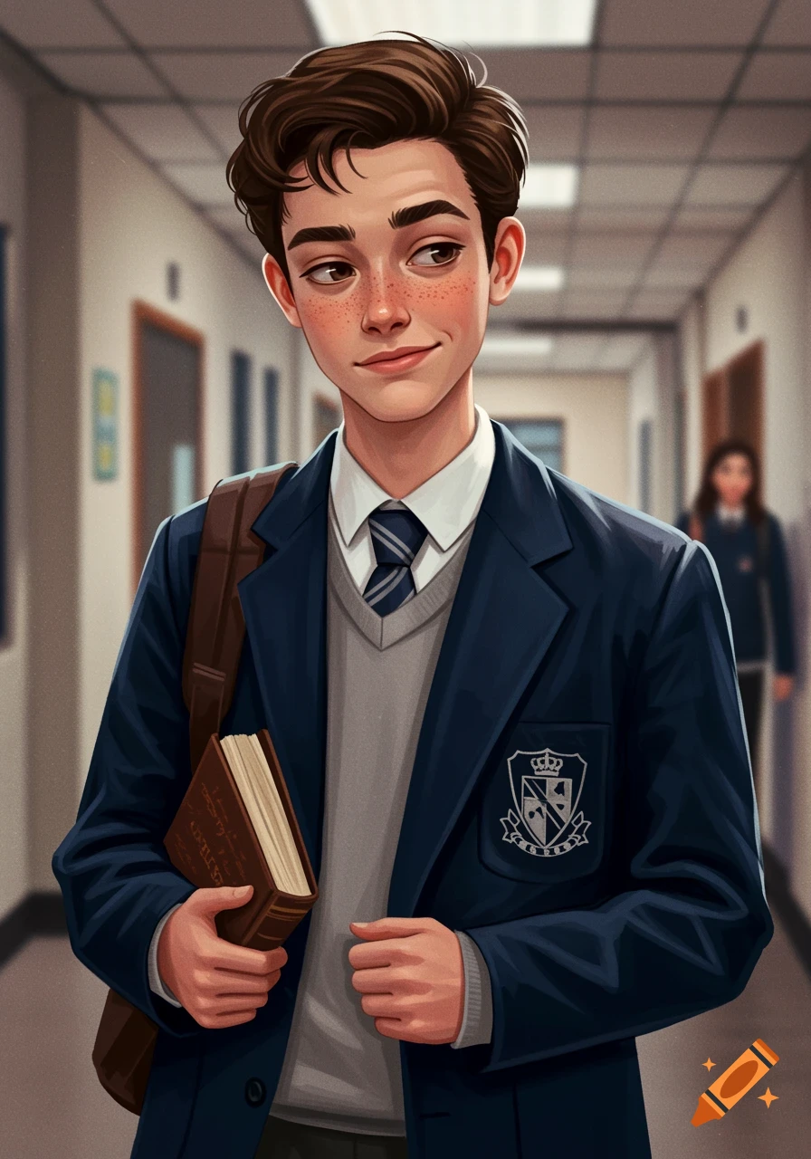 An illustration of a boy in a school uniform holding a book in a hallway.