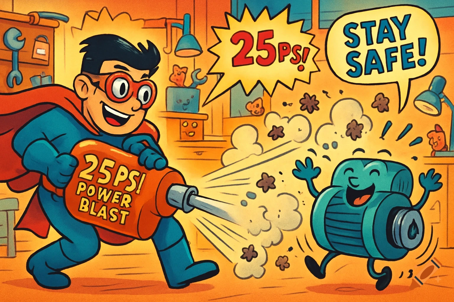 Cartoon superhero cleans a happy motor with a labeled air cannon in a workshop.