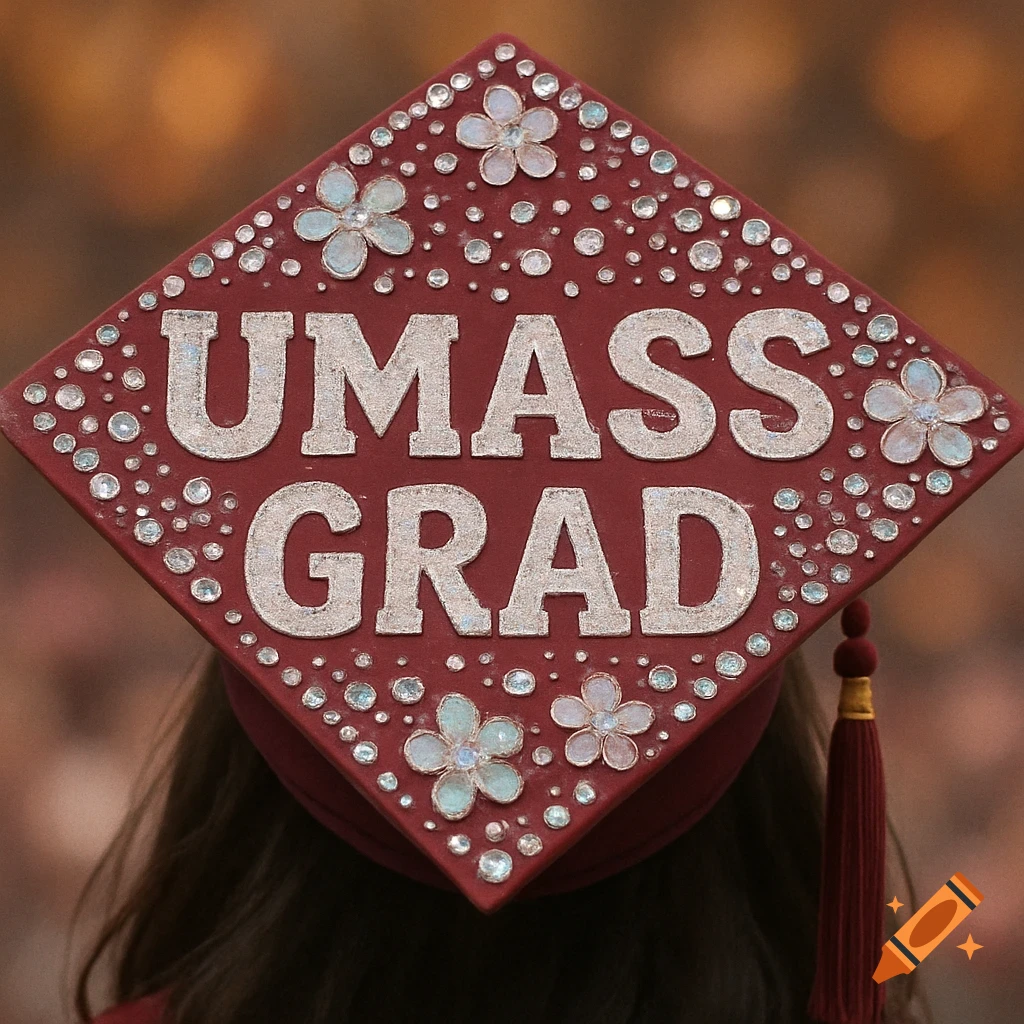 Close-up of a red graduation cap bedazzled with rhinestones and flowers ...