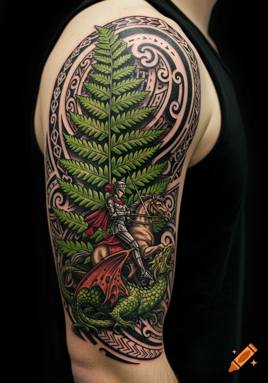 Detailed arm tattoo of a knight on horseback fighting a dragon, with fern and tribal patterns