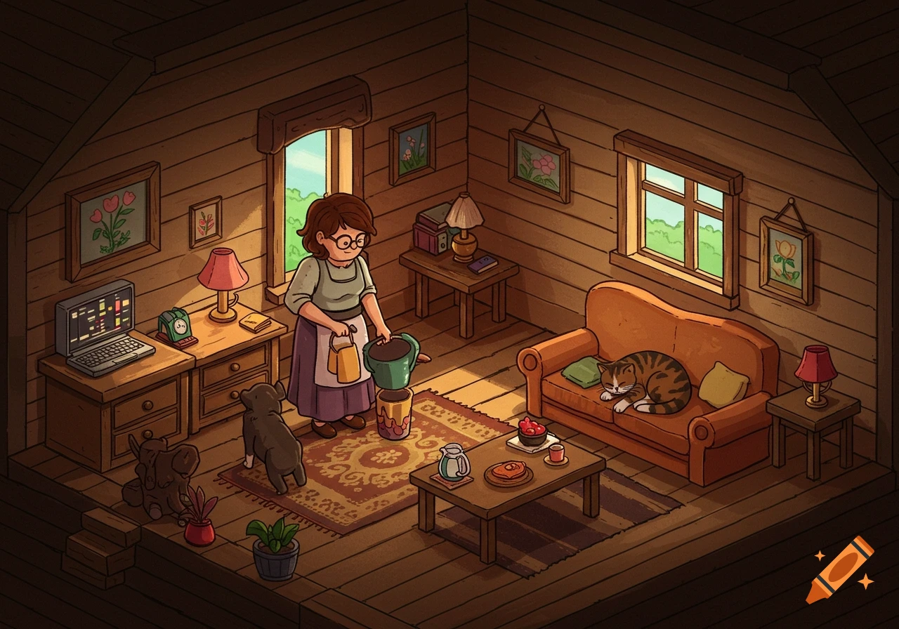 Isometric view of a cozy cottage interior. A woman waters a plant while a cat sleeps on a sofa. Stylized art.