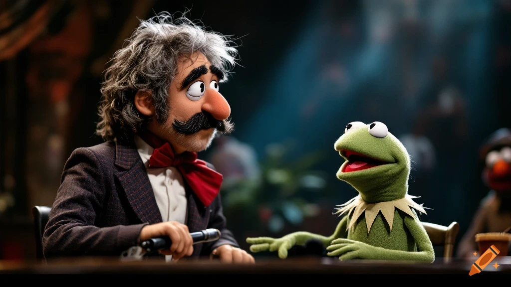 Kermit the Frog sits at a table with a Muppet man in a suit and bow tie.