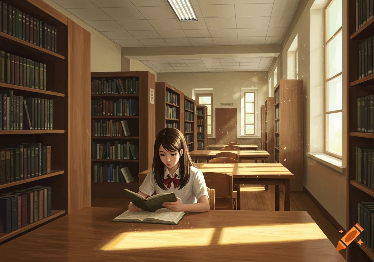 Anime style illustration of a student reading a book at a desk in a sunny library.