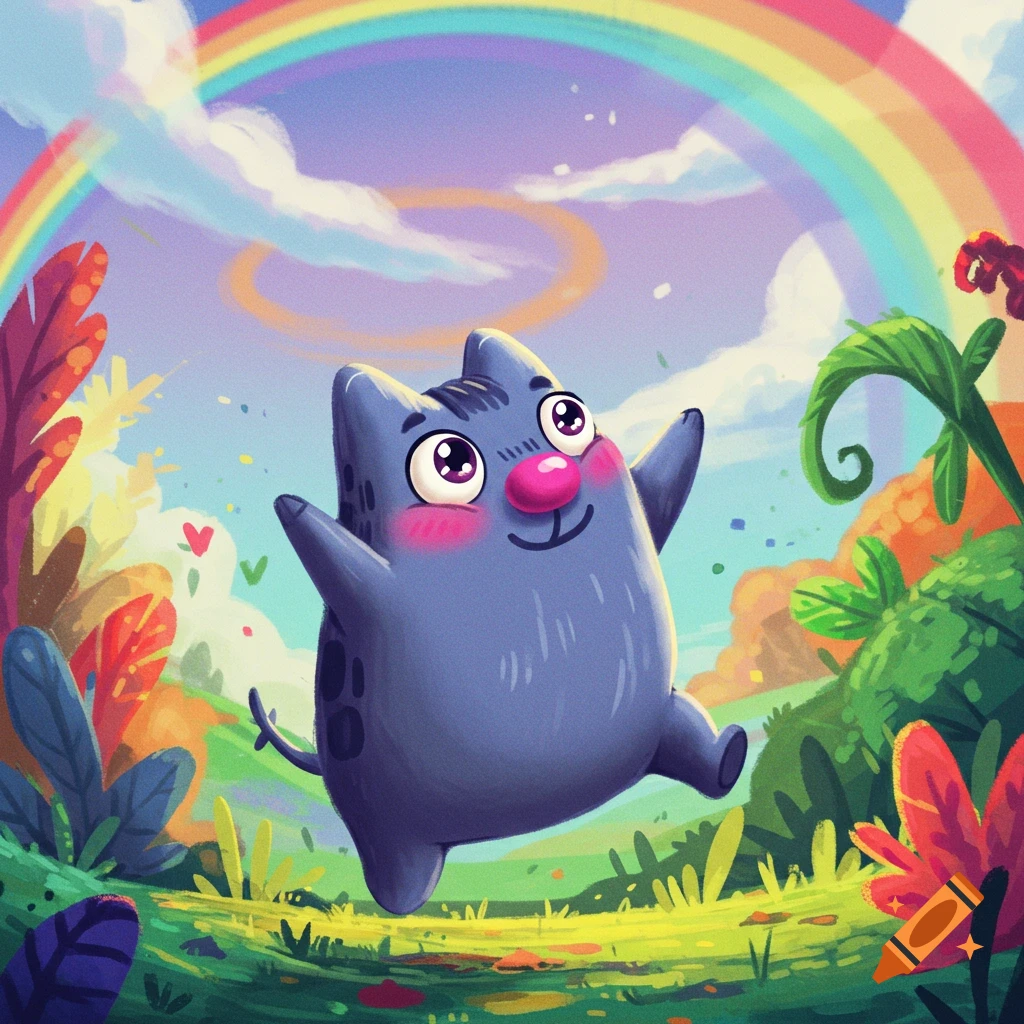 Cartoon cat with big eyes jumping in a grassy field under a rainbow.