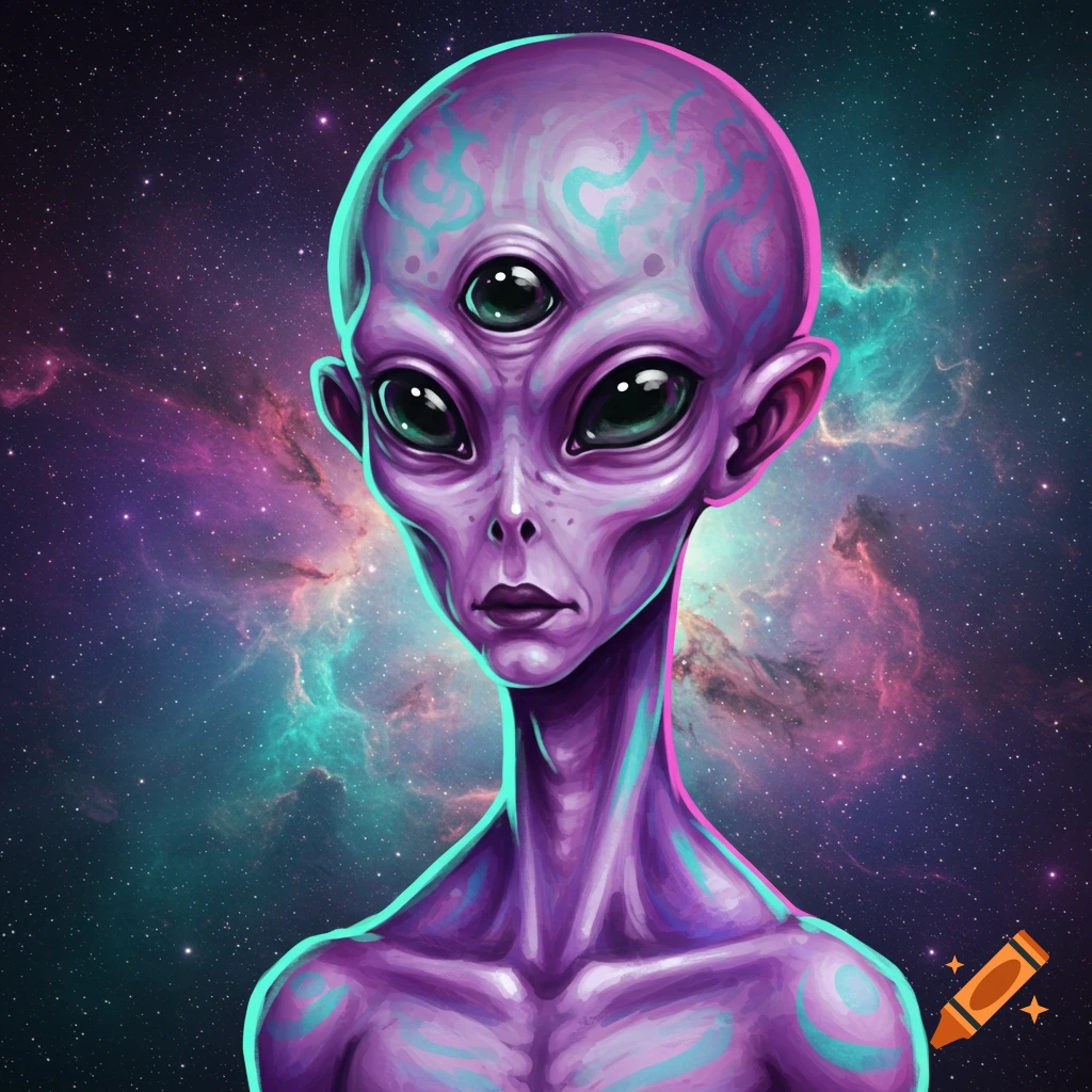 Purple alien with three eyes against a starry space background.