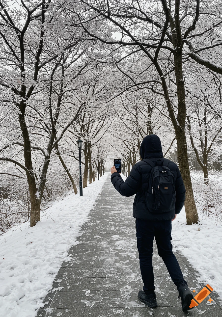 Person taking photo with phone in snowy park surrounded by trees