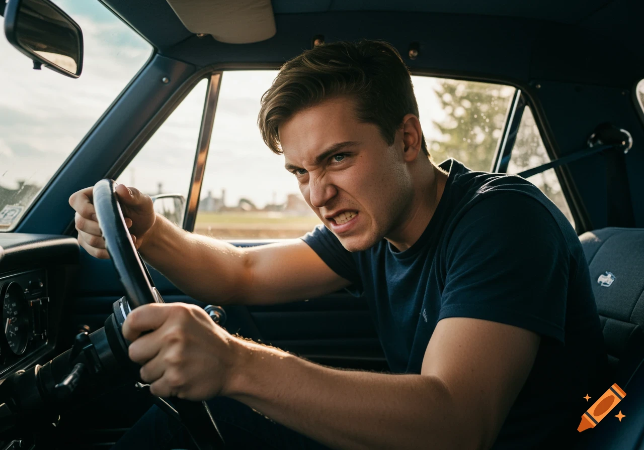 Man with determined expression driving a car in daylight, close up.