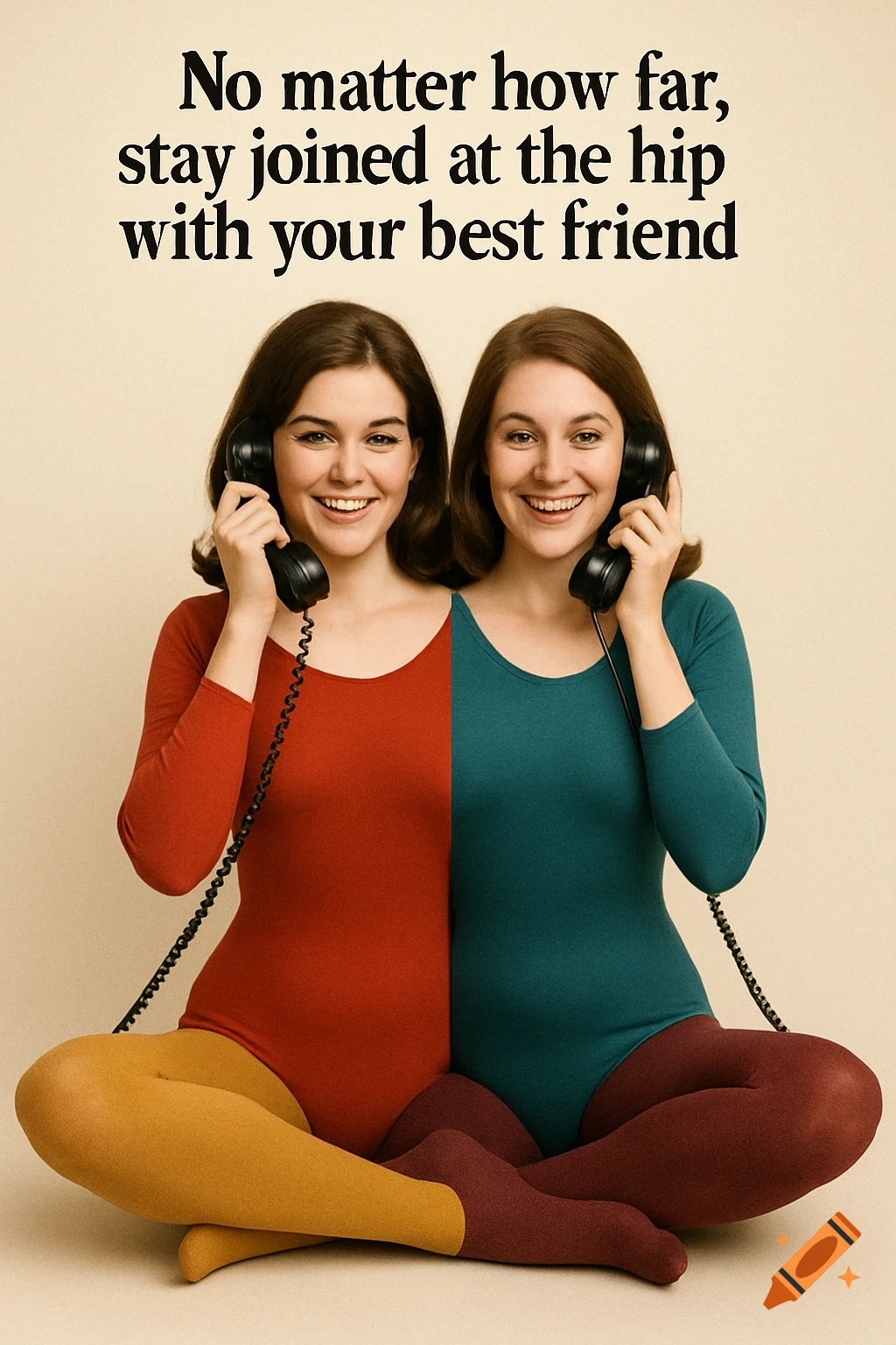 Two women merged into one body, wearing leotards and tights, sitting cross-legged and talking on vintage phones with text above.