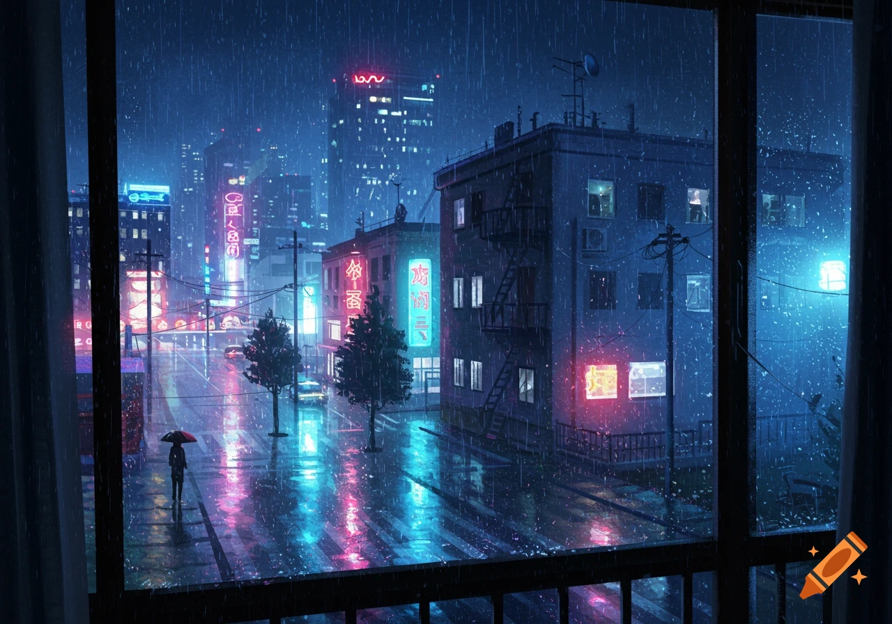 A rainy city street at night, viewed from an apartment window, with neon lights reflecting on wet pavement.