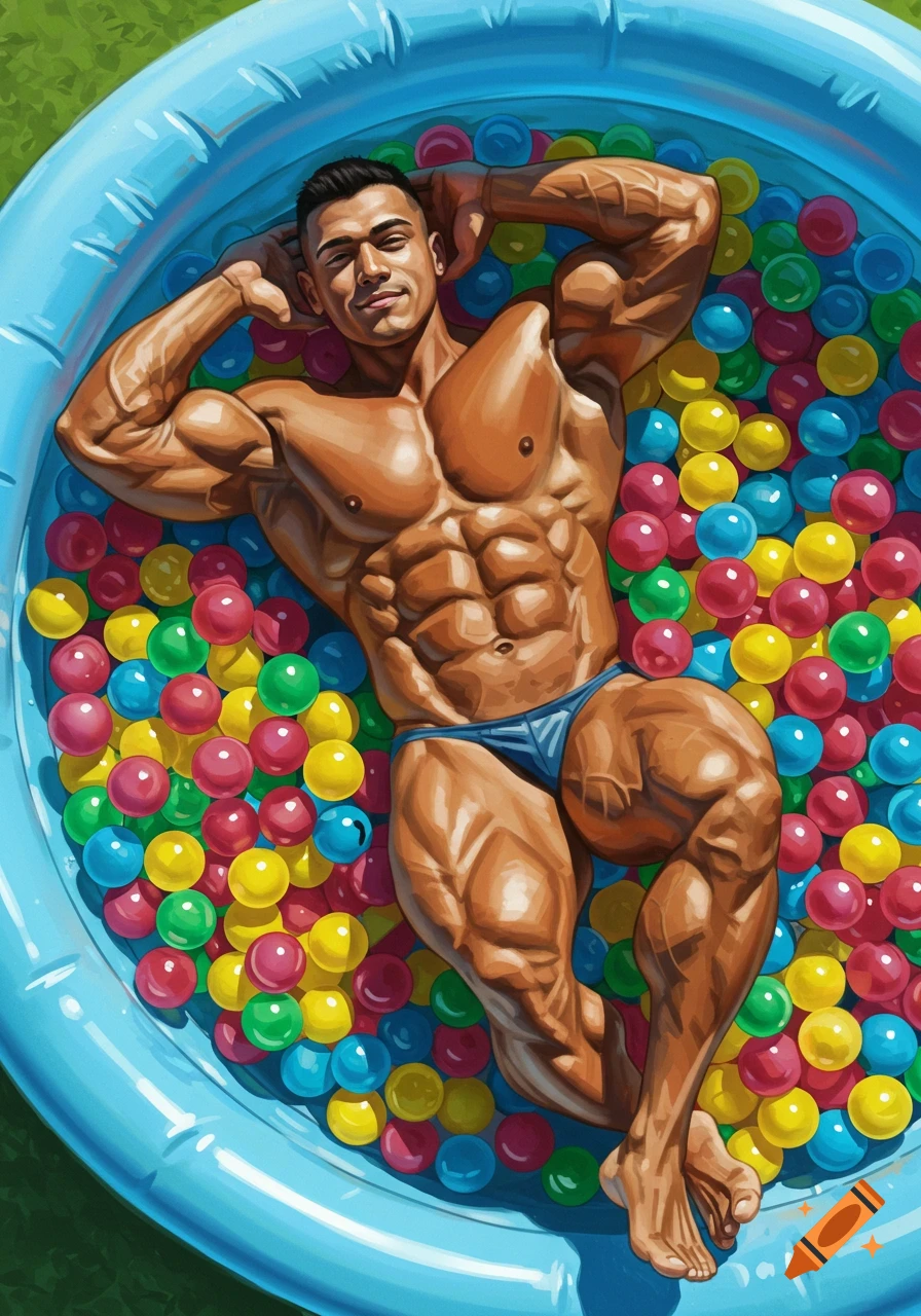 Muscular man relaxing in an inflatable pool filled with colorful balls.