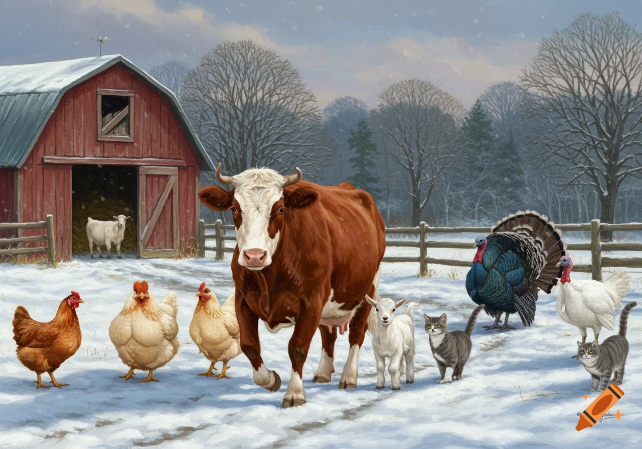 Farm animals including a cow, chickens, goat, cats, and turkeys stand in the snow outside a red barn.