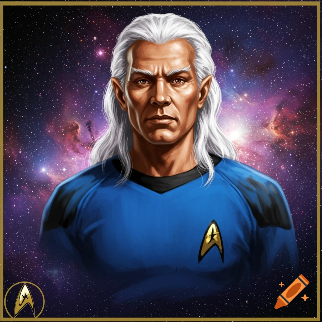 A portrait of a white-haired man with pointed ears in a blue Starfleet uniform against a space background.