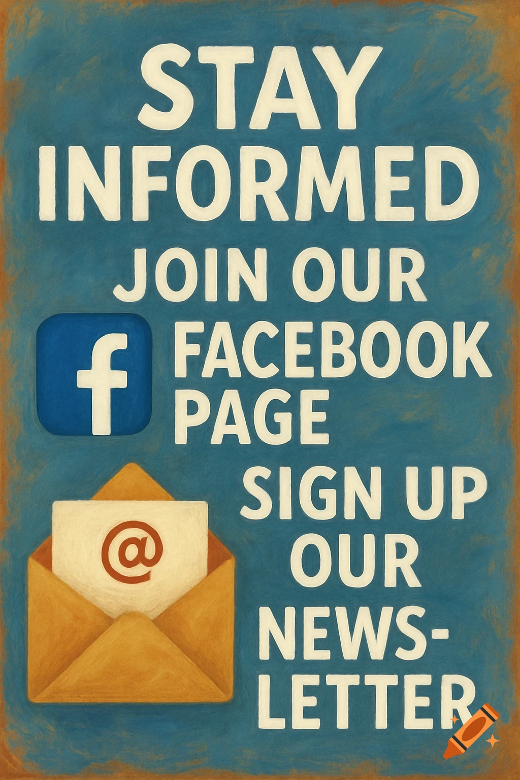 A textured poster advertising social media and newsletter signup with text and icons.