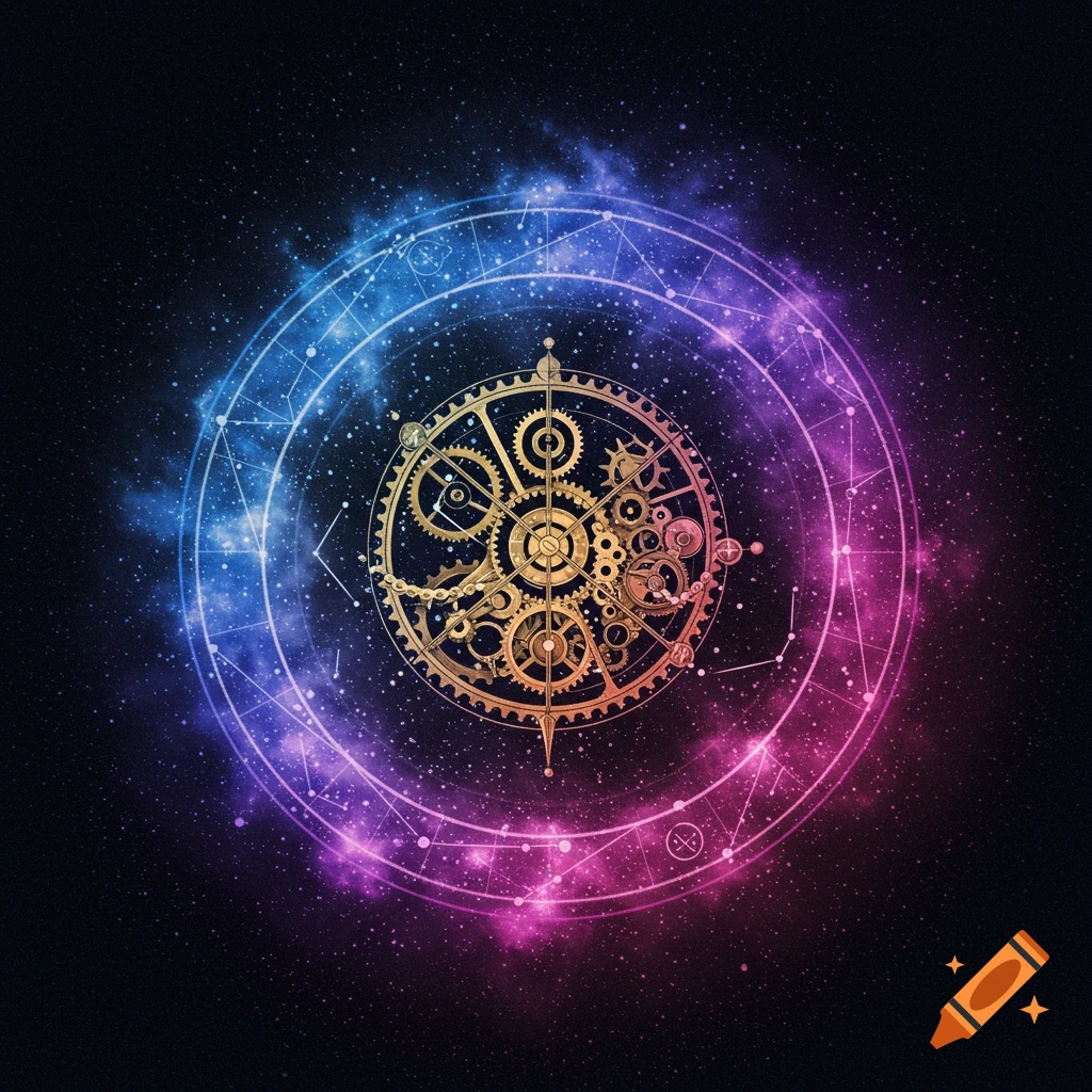 Golden clockwork gears inside a circular constellation pattern with blue and pink nebula in the background.