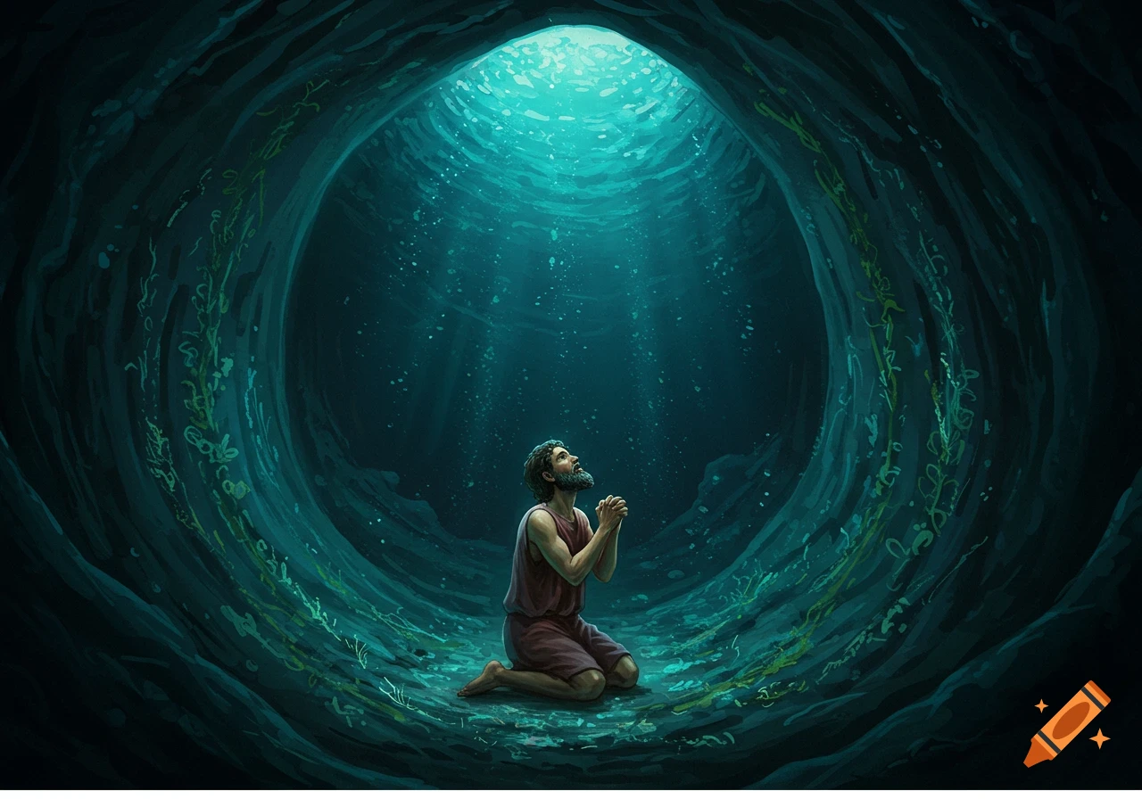 Man praying in a large, underwater cave with light streaming from above.
