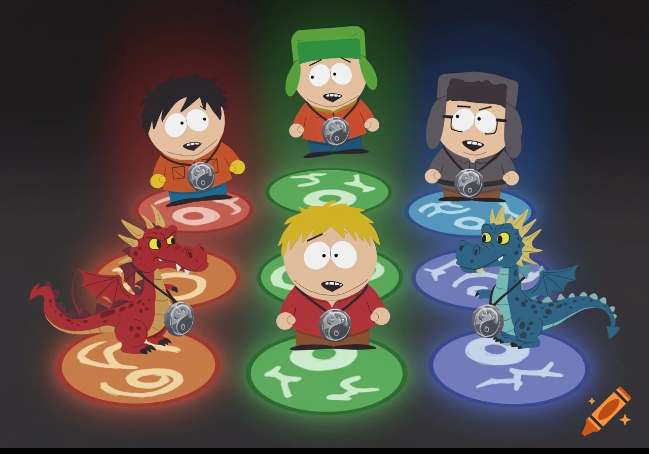 South Park characters and dragons on glowing circles.