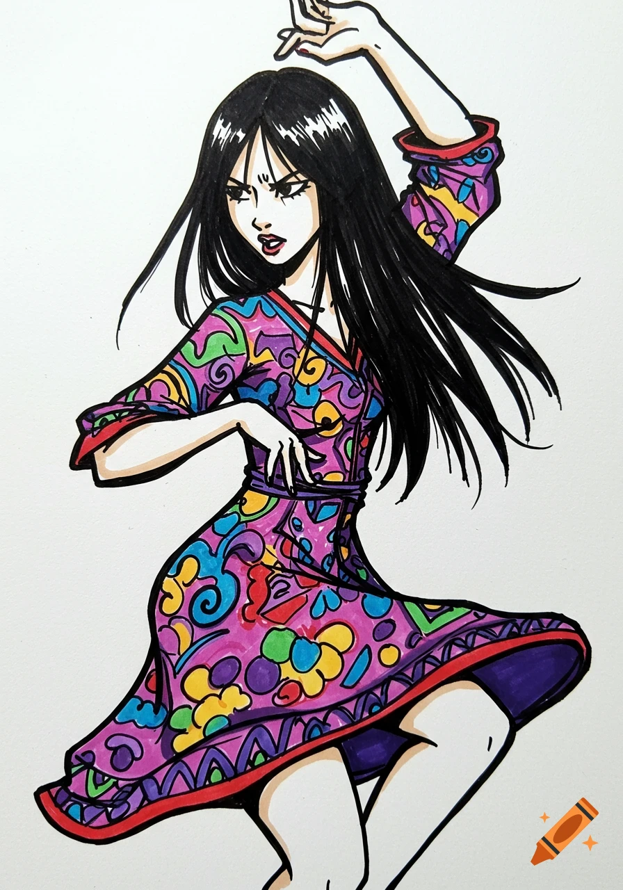 Marker drawing of a woman with black hair dancing in a colorful patterned dress.