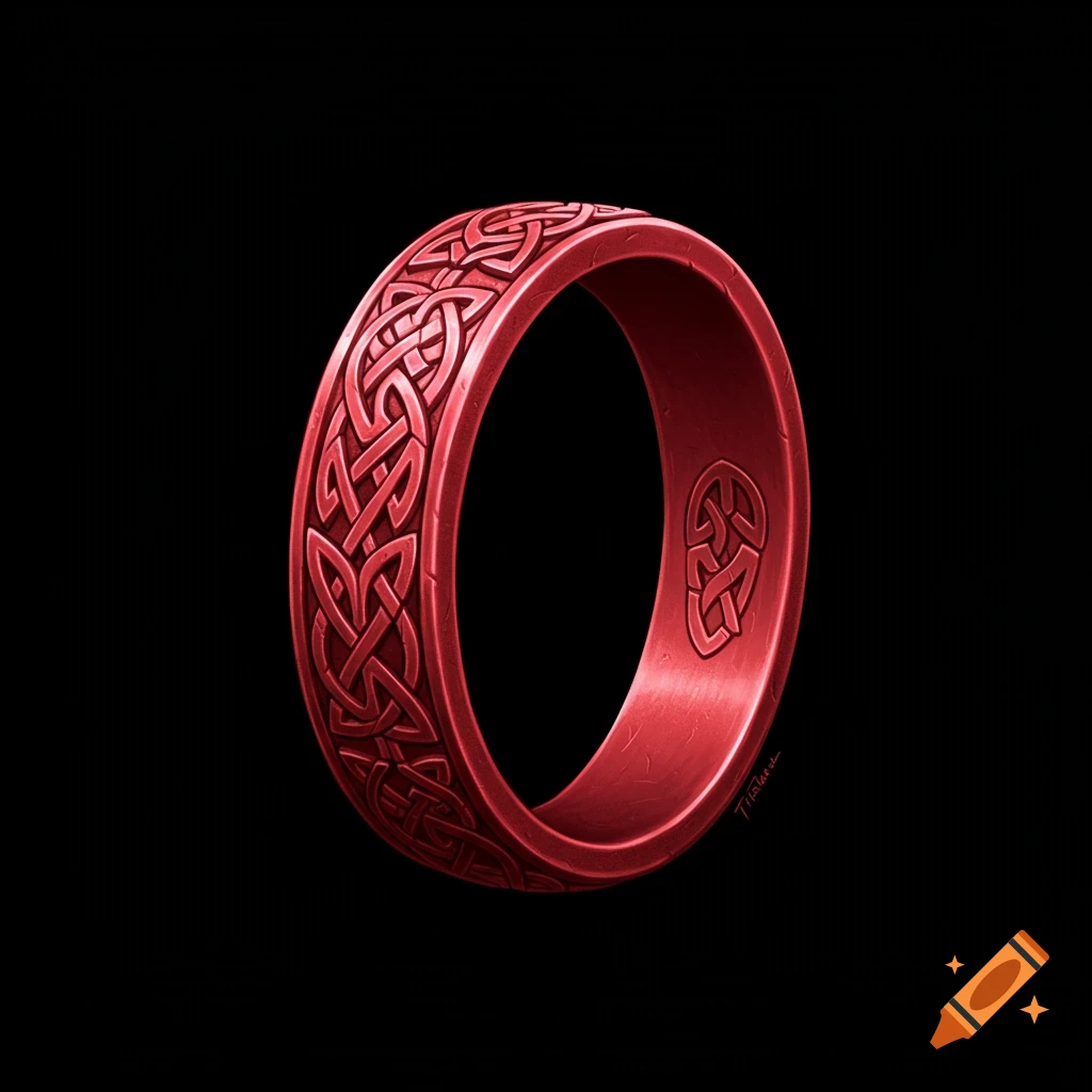 Red ring with Celtic knot pattern on a black background.