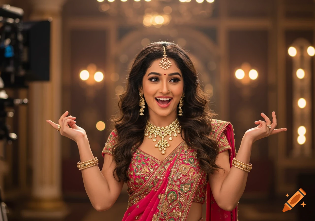 A smiling woman in a pink and gold traditional Indian outfit gestures with her hands.