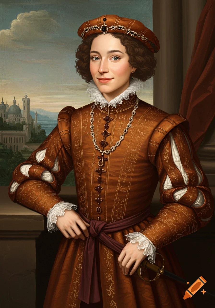 Renaissance style portrait of a woman in a brown dress and hat holding a sword.