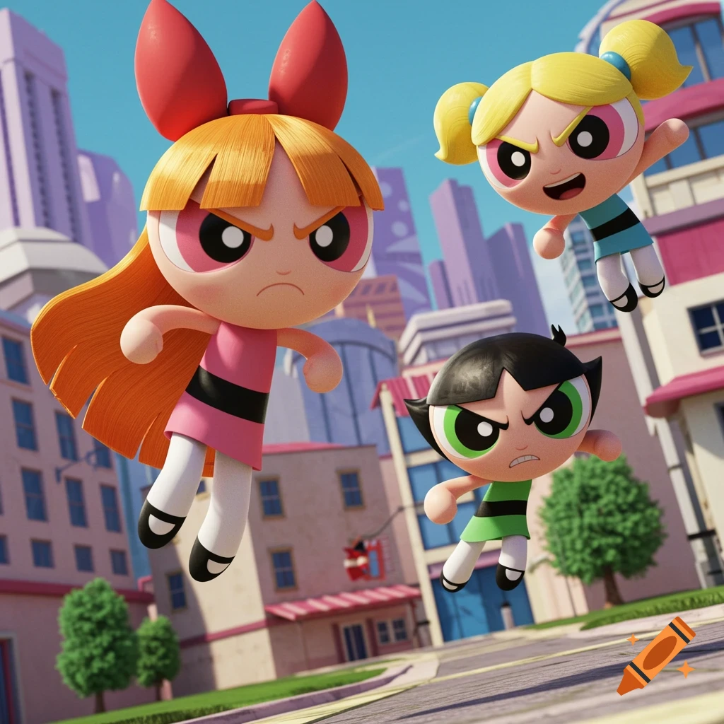 3D rendering of the Powerpuff Girls flying over a city street